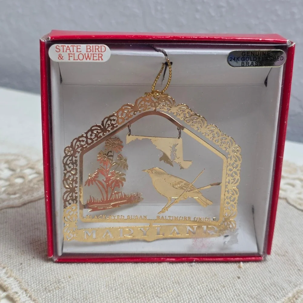 Vintage 90s Nations‎ Treasures Maryland Bird Flower Ornament 24K Gold Oriole